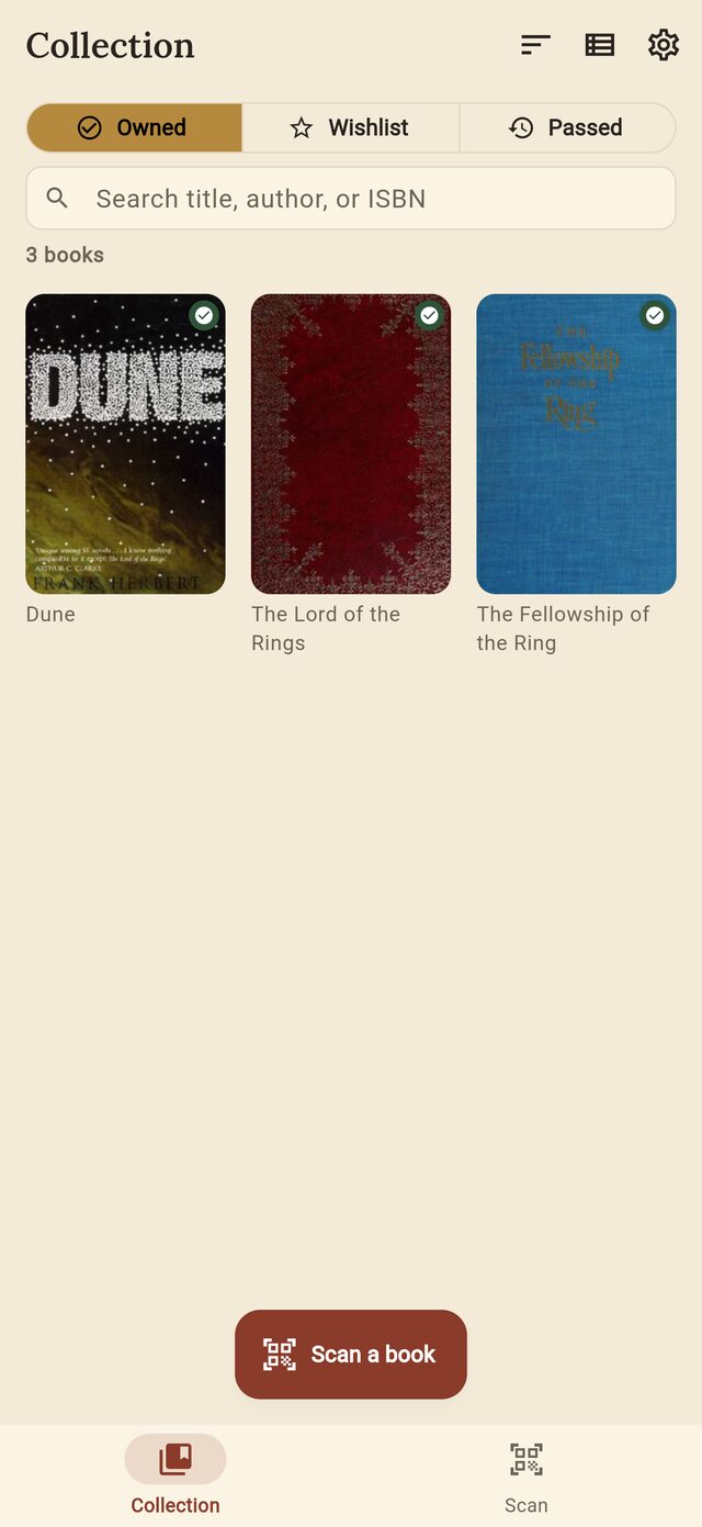 The Verso collection screen, showing owned books as a grid of covers.