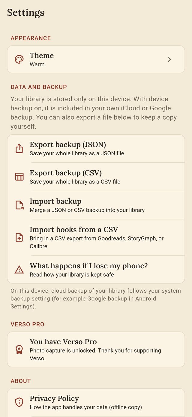 Verso settings, showing backup, export and import options.