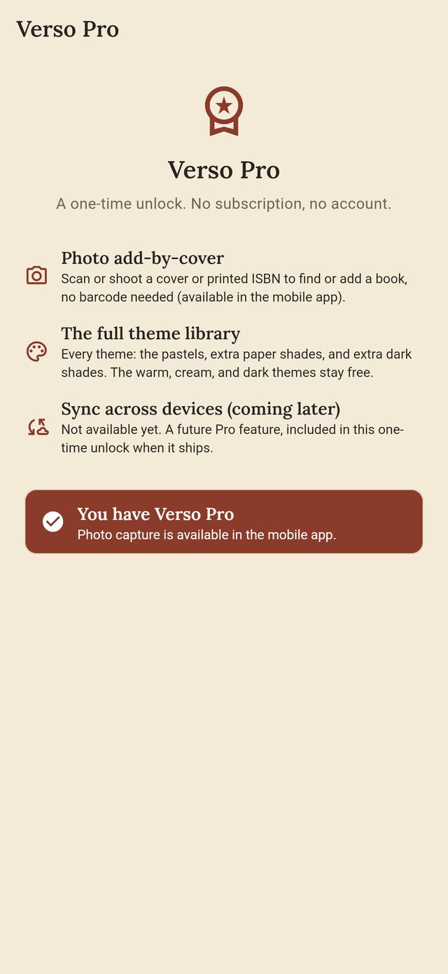 The Verso Pro screen, showing the one-time unlock and what it includes.